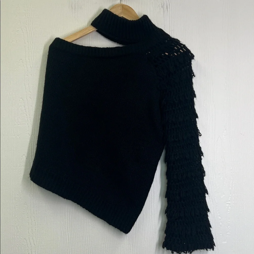 House Of Harlow X Revolve - Black One Shoulder Long Sleeve Fringe Sweater Medium